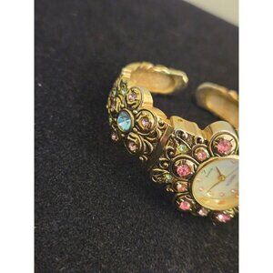 Vintage Geneva Quartz Floral Cuff Bracelet Watch – Ornate, Colorful Rhinestones,